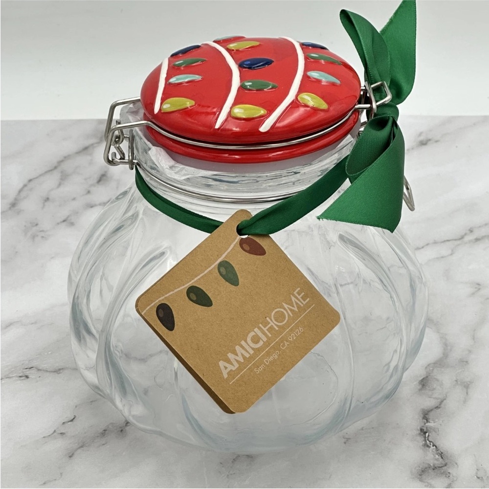 Amici Home Harry & David Xmas Glass Jar Red Lights Lid Holiday Gift 6x6x5.5"